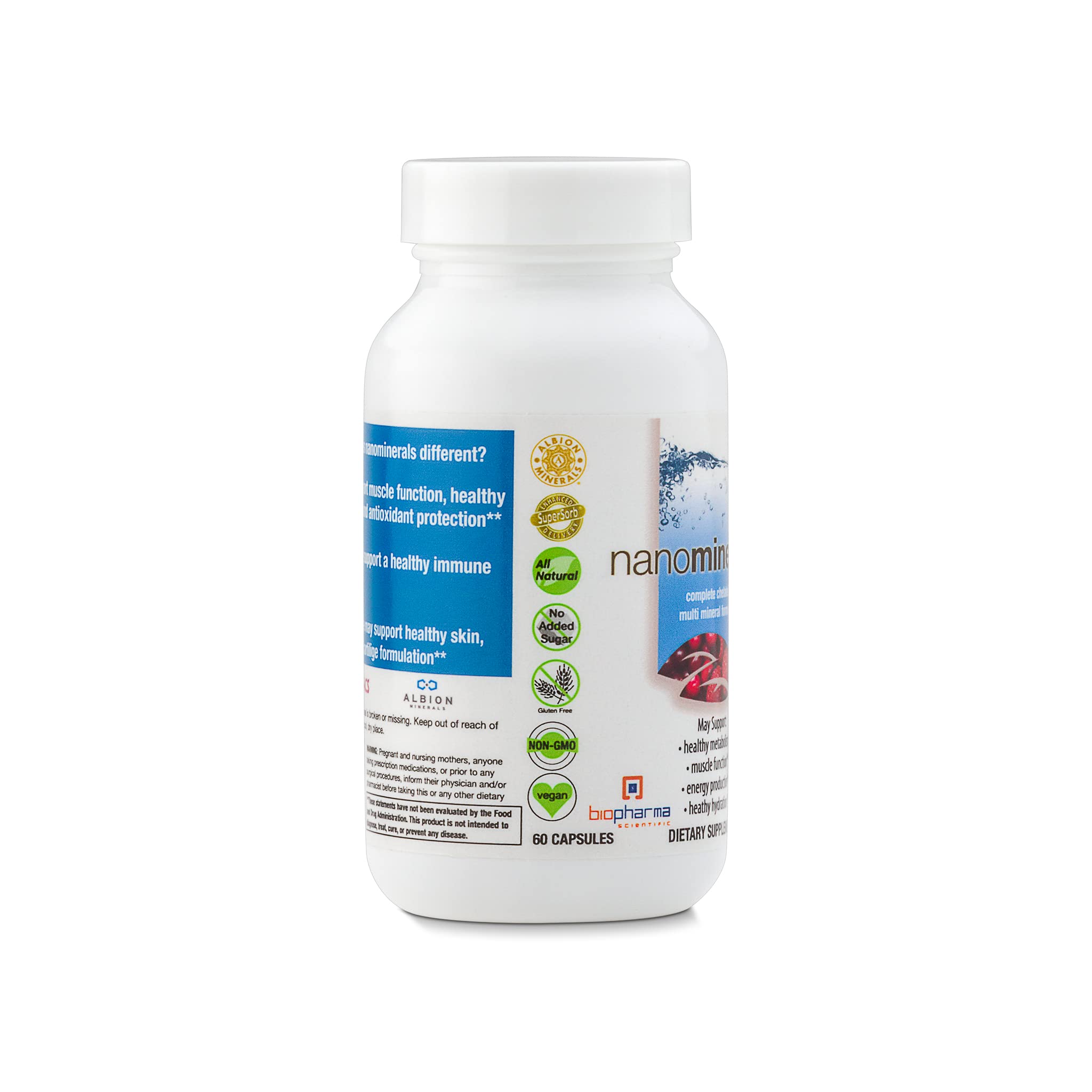 Biopharma Scientific NanoMinerals label highlights chelation and enhanced absorption technology.