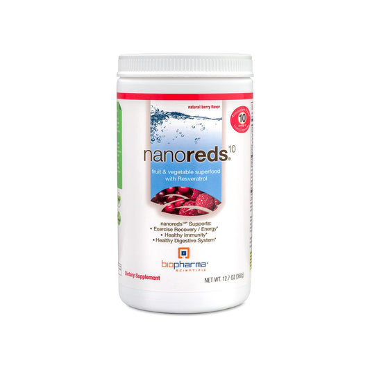 Biopharma Scientific Nanoreds bottle front showing berry-rich nutrition for daily use