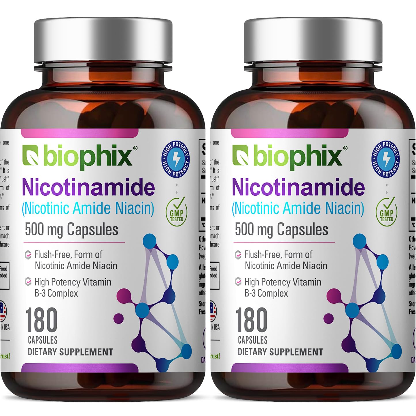 Biophix B-3 Nicotinamide bottle front view showing 500 mg capsules for daily use