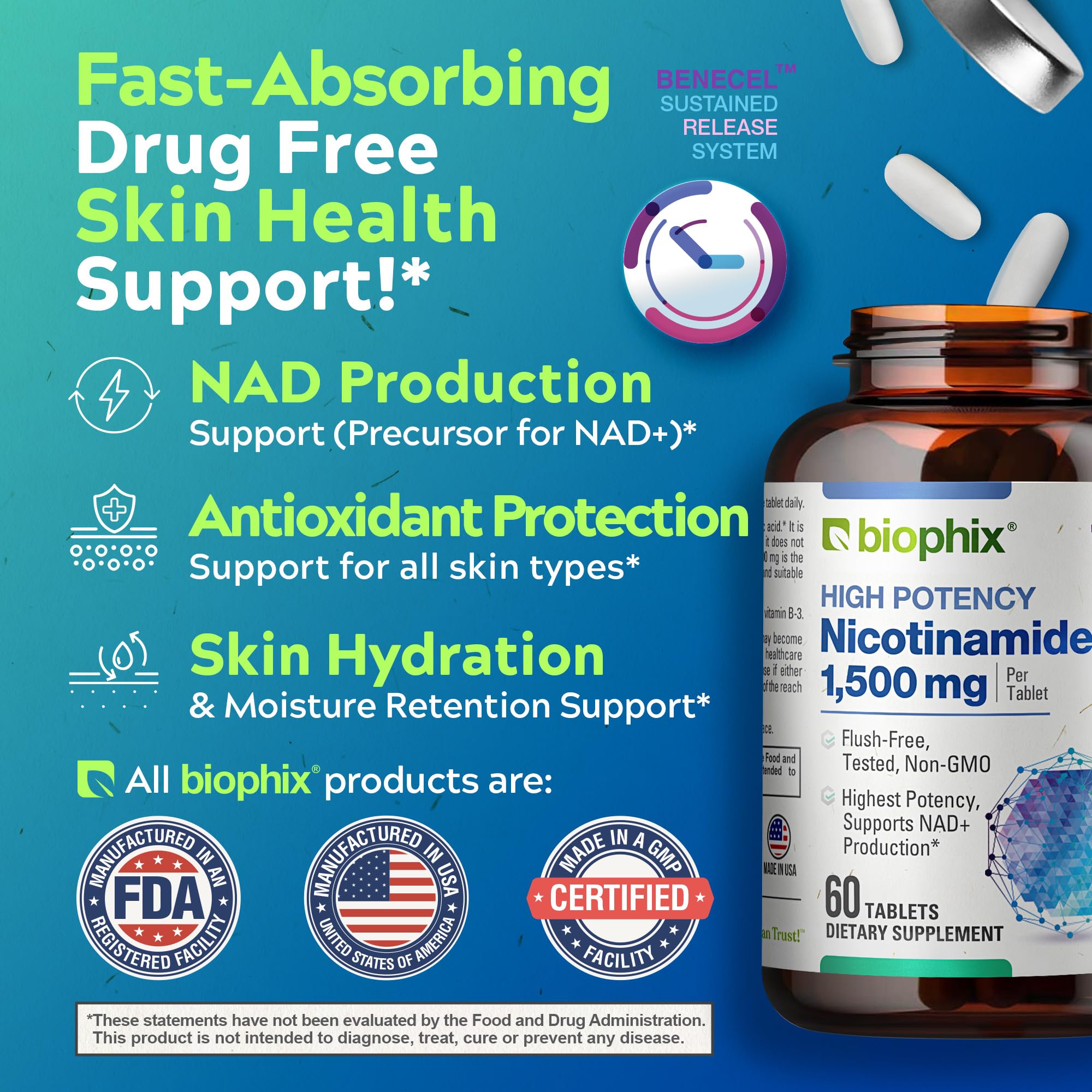 Biophix B-3 nicotinamide label notes flush-free experience for comfortable intake
