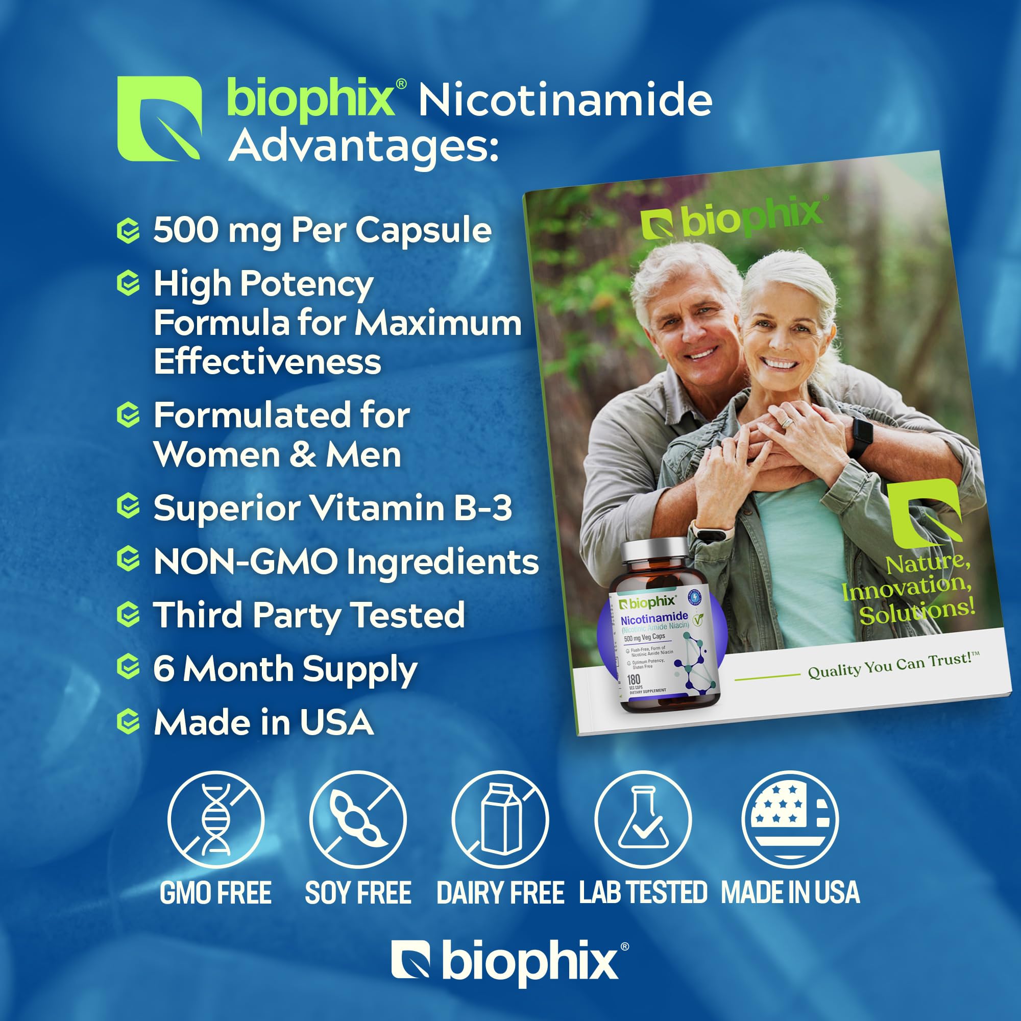Biophix B-3 label close-up indicating flush-free nicotinamide formulation