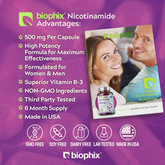 Biophix B-3 Nicotinamide label graphic highlighting flush-free Niacin option
