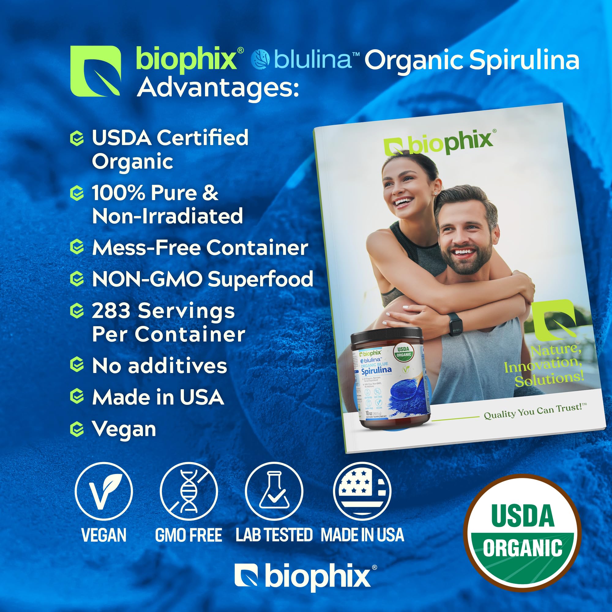 Biophix Blue Spirulina powder jar closeup showing natural blue pigment and organic status
