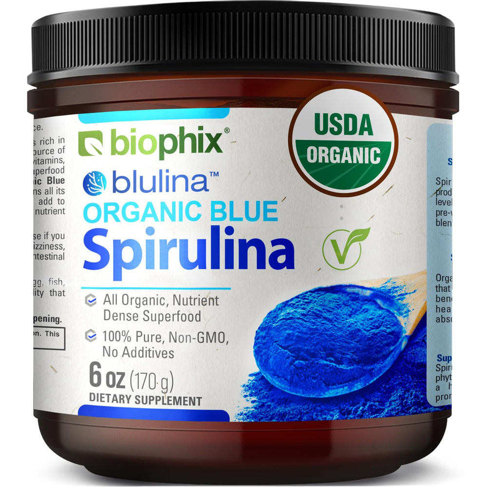 Biophix blue spirulina powder jar shows vibrant natural color for smoothies and bowls.