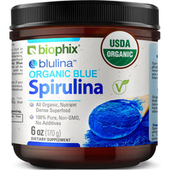 Biophix blue spirulina powder jar shows vibrant natural color for smoothies and bowls.