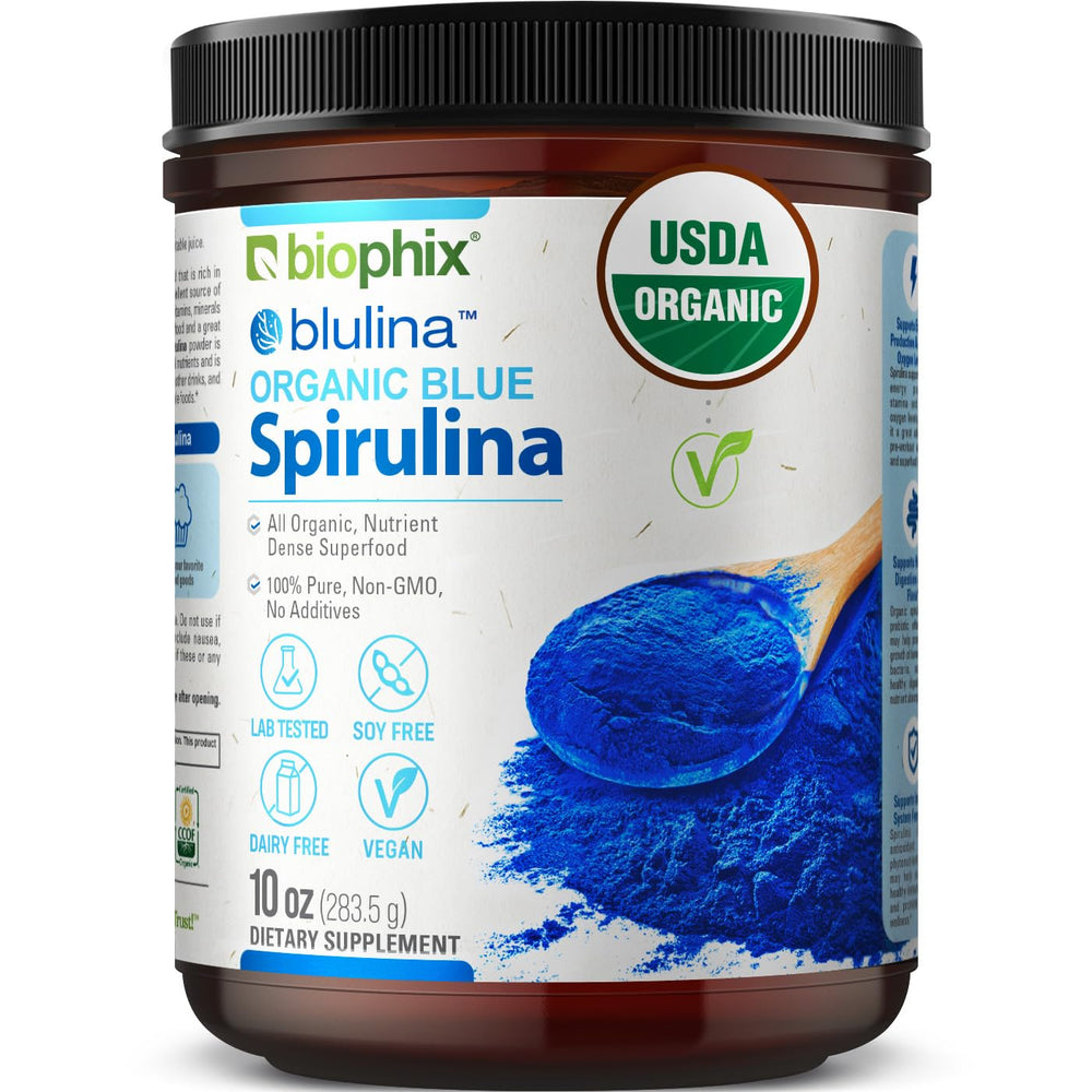 Biophix Blue Spirulina powder packaging closeup highlighting color and quality for smoothies