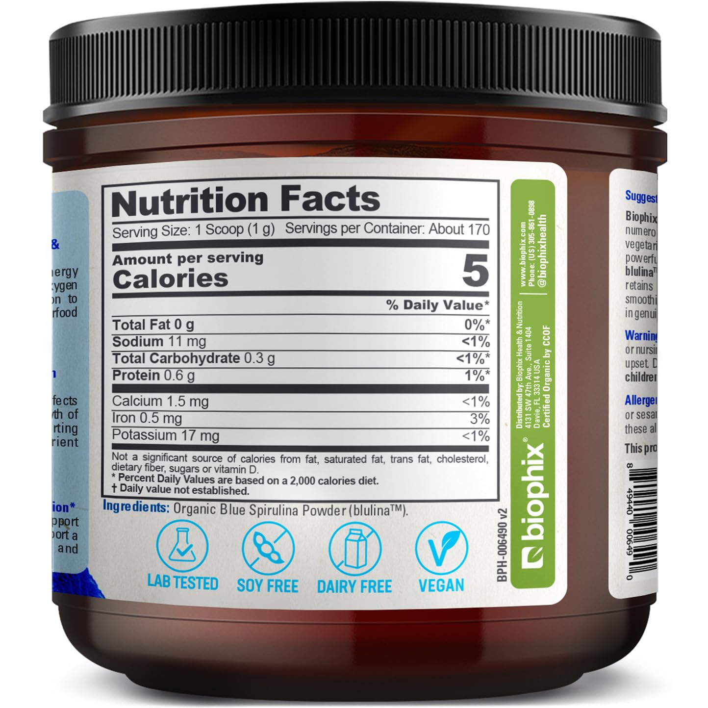 Biophix blue spirulina powder emphasizes phytonutrients and vegan-friendly use.