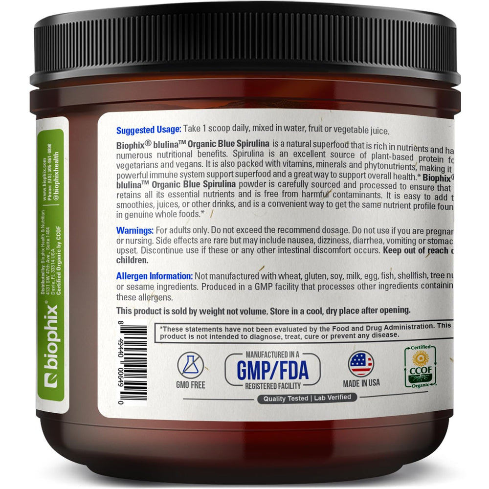 Biophix blue spirulina powder provides 170 servings per jar.