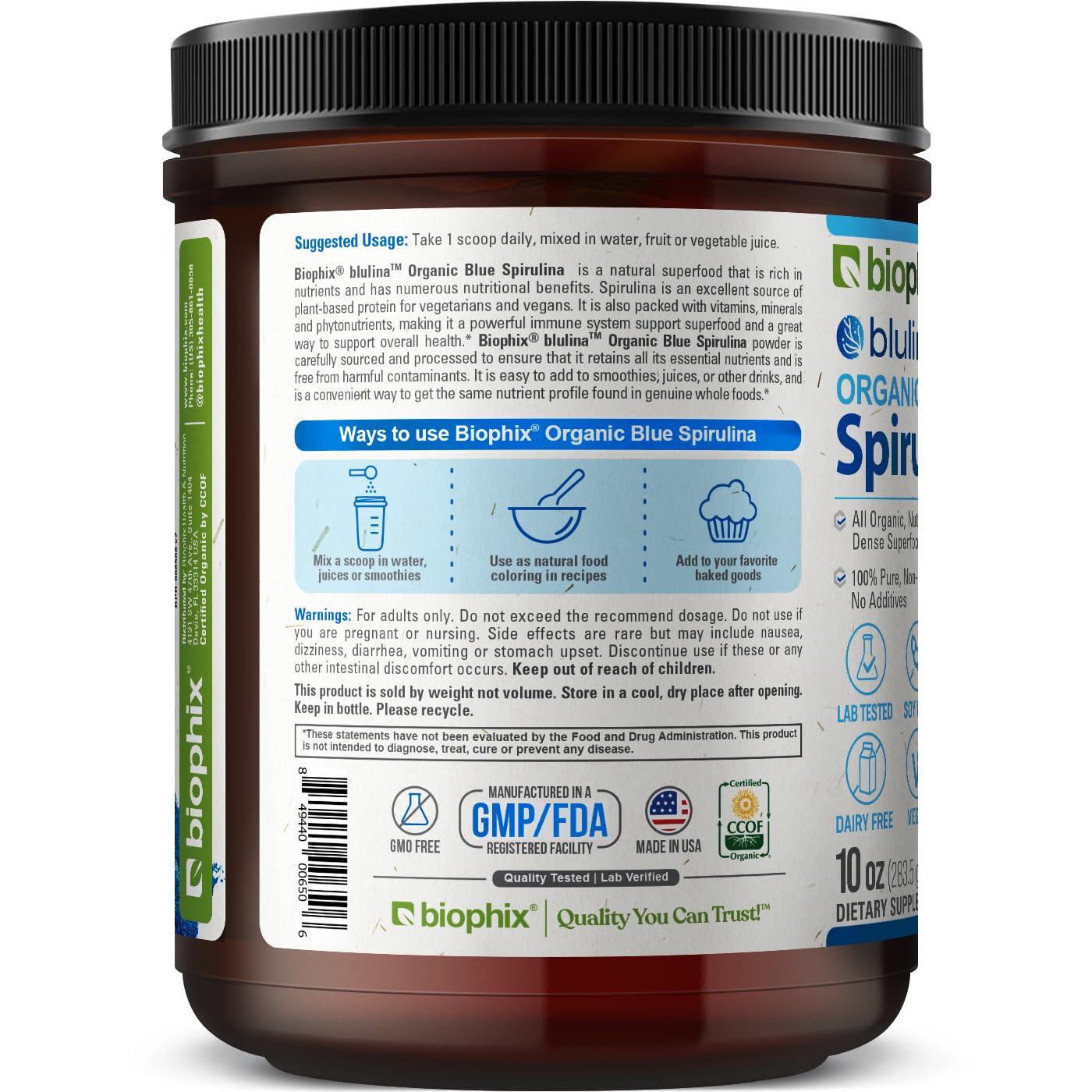 Biophix USA-made facility stamp on Biophix Blue Spirulina packaging