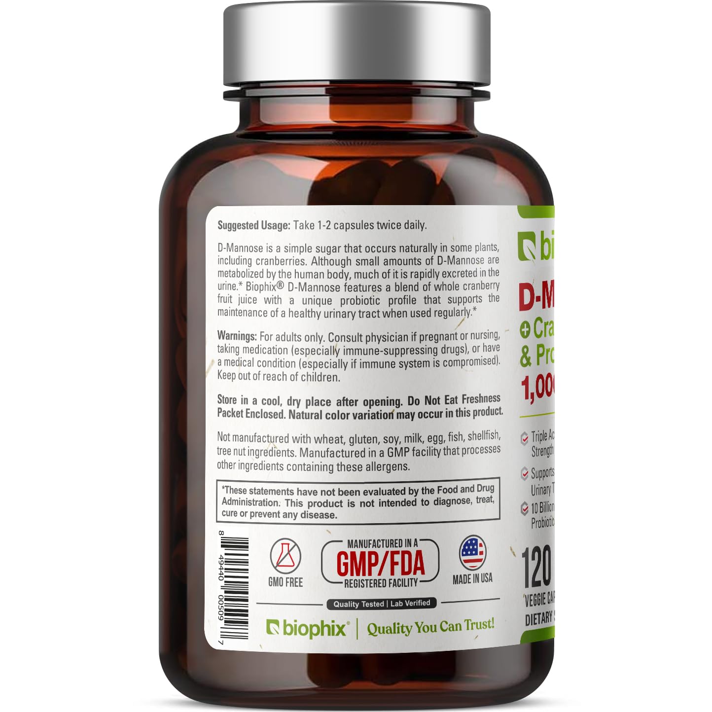 Biophix D-Mannose 1000mg capsules capsule-closeup highlights purity and design.