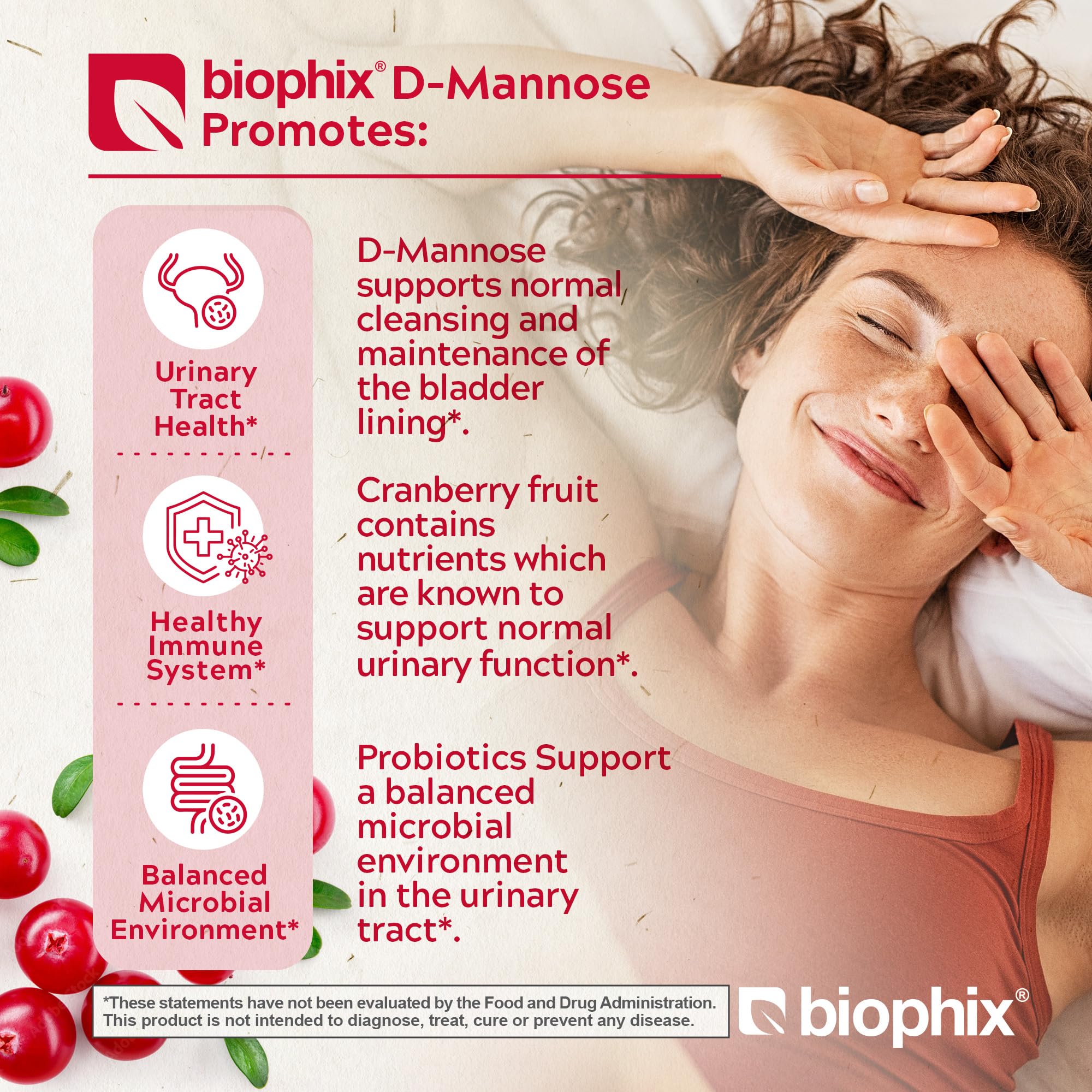Biophix D-Mannose 1000mg capsules cranberry blend highlights natural cranberry support.