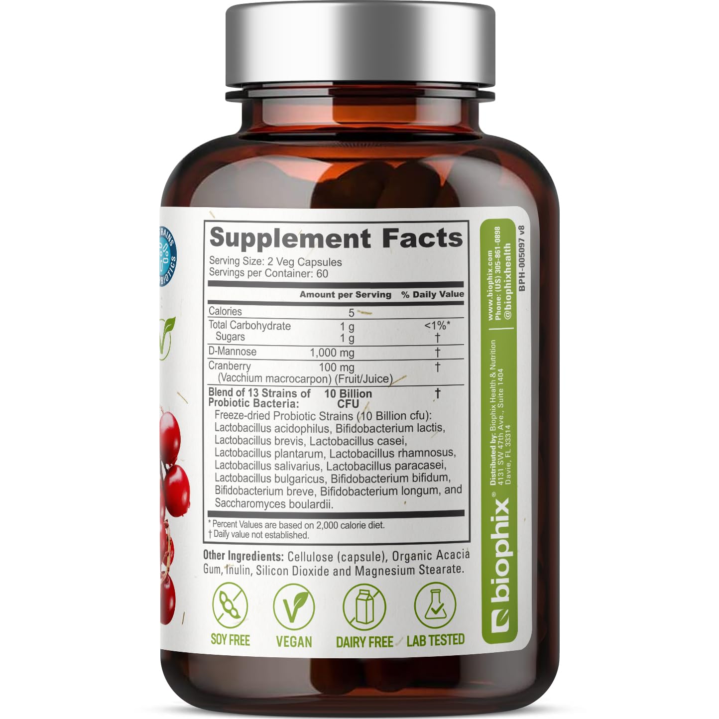 Biophix D-Mannose 1000mg capsules bottle closeup shows premium design.