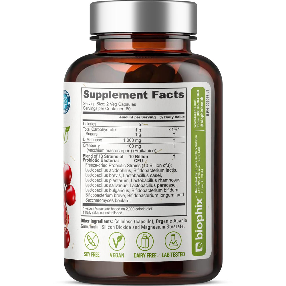 Biophix D-Mannose 1000mg capsules bottle closeup shows premium design.