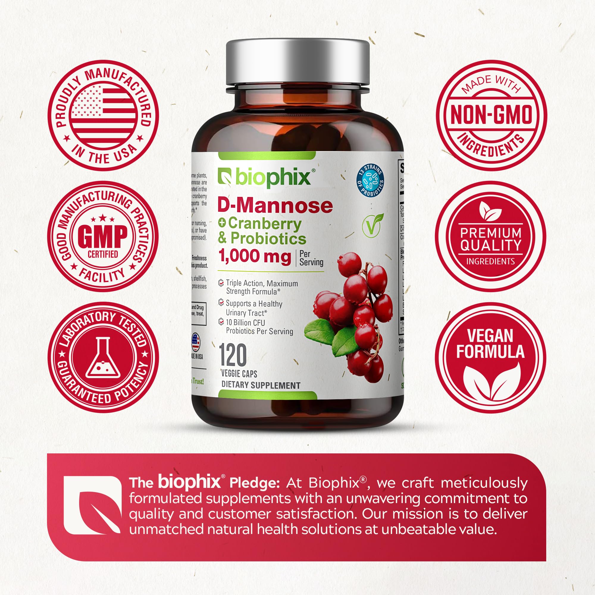 Biophix D-Mannose 1000mg capsules USA-manufactured closeup highlights quality.