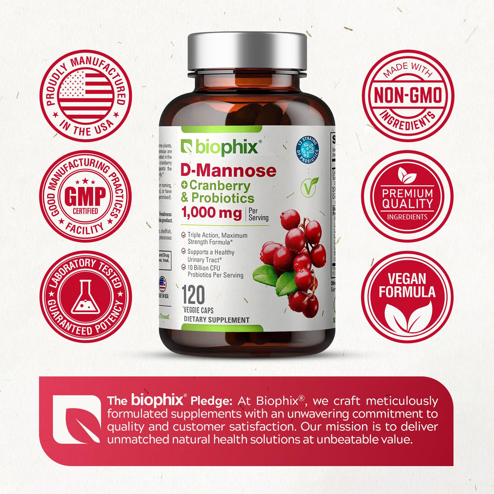 Biophix D-Mannose 1000mg capsules USA-manufactured closeup highlights quality.