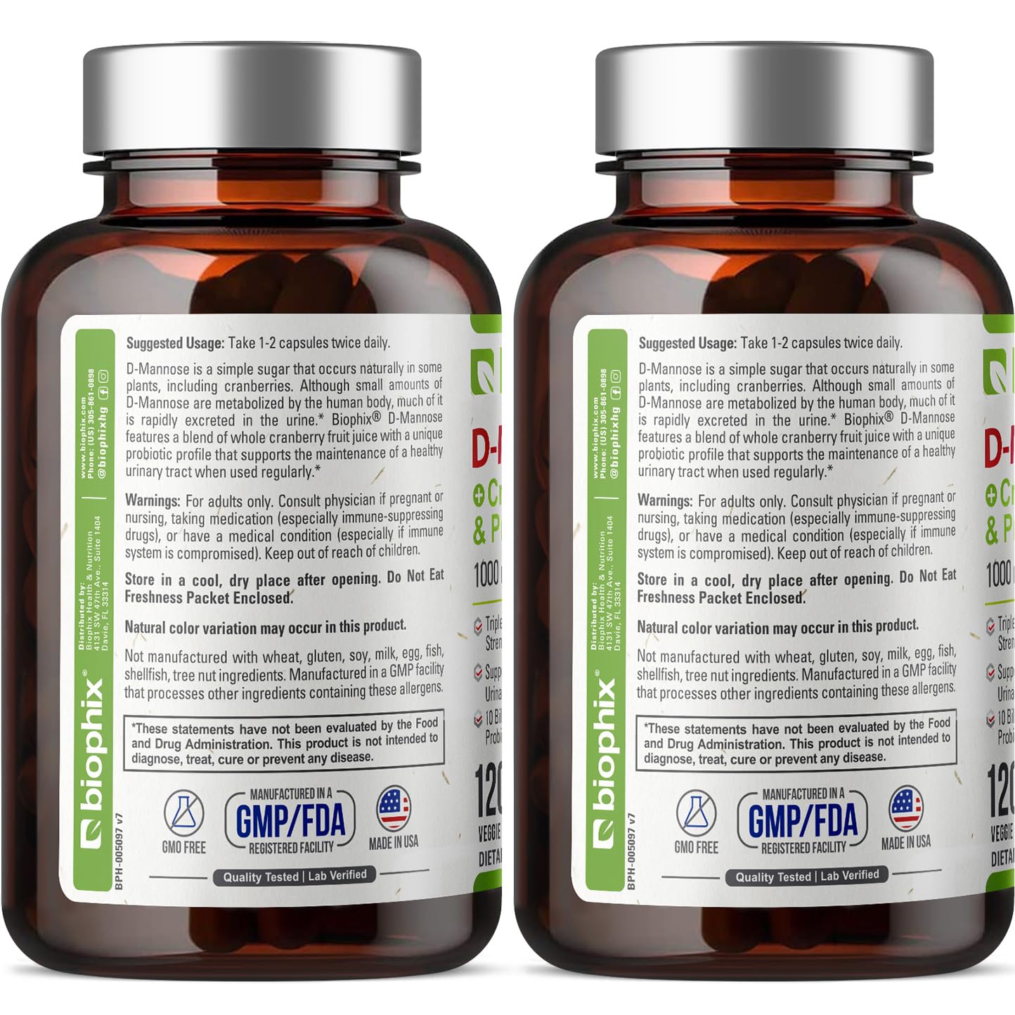 Biophix D-Mannose bottle spread shows total capsules inside.