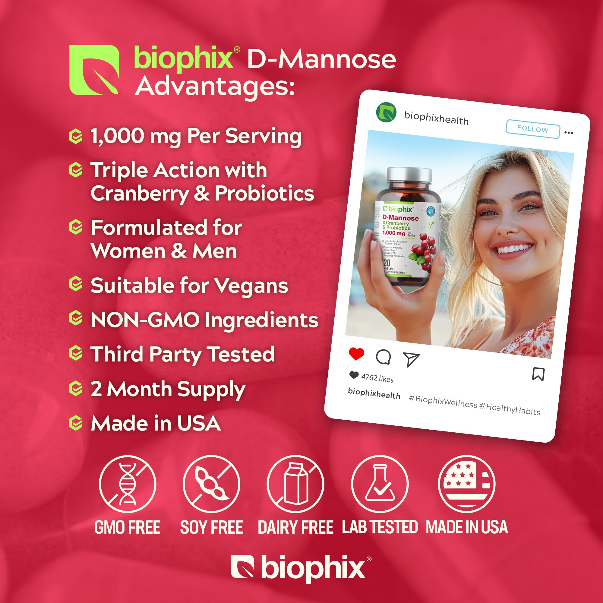Biophix D-Mannose label detail shows ingredients and benefits.