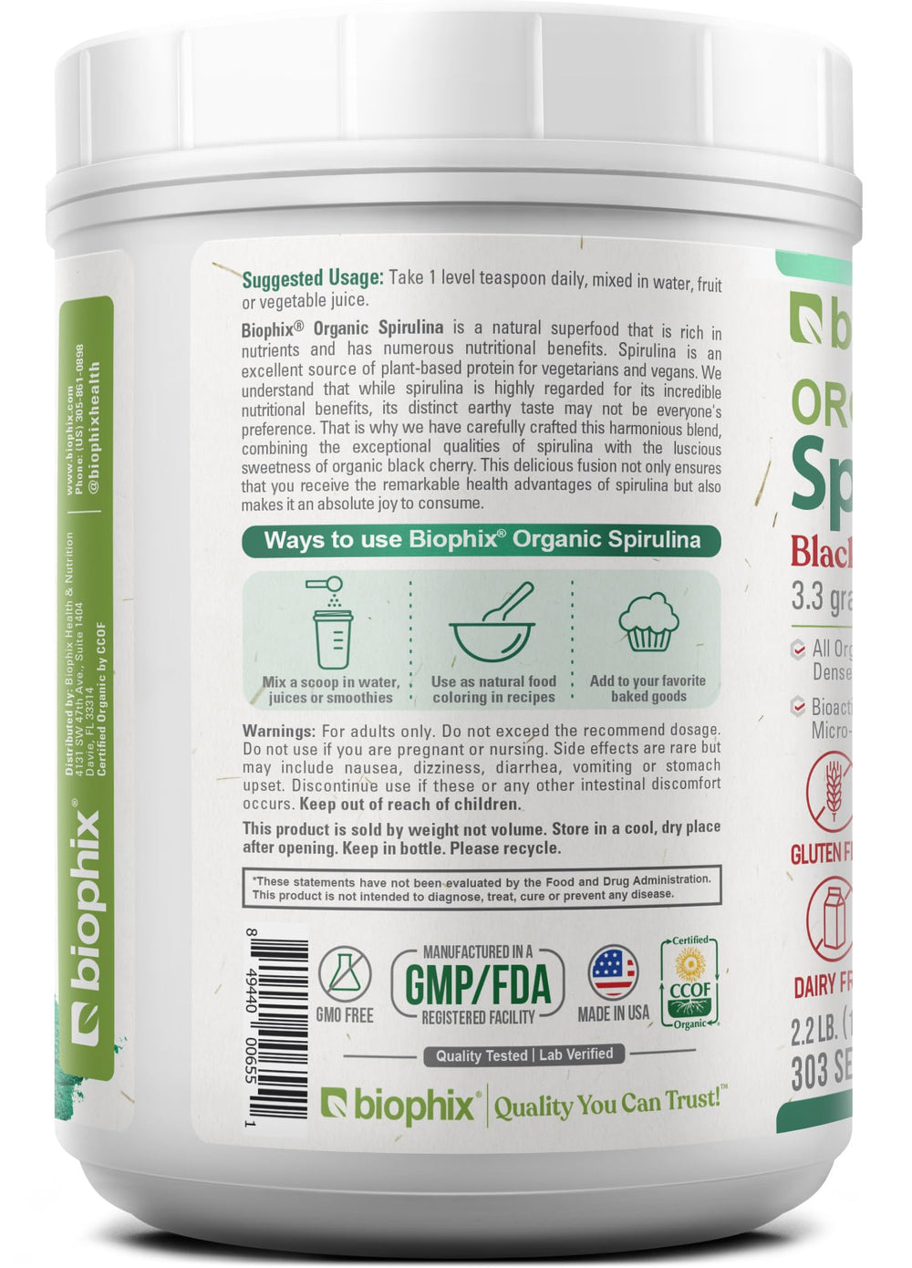 Biophix Organic Cherry Spirulina Ingredients on Pack Showing Organic and Non-GMO Certifications