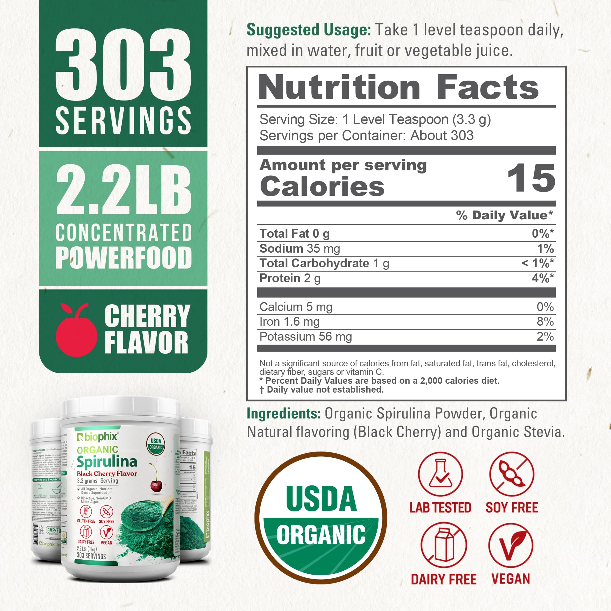 Biophix Organic Cherry Spirulina Jar Label highlights organic quality for clean nutrition