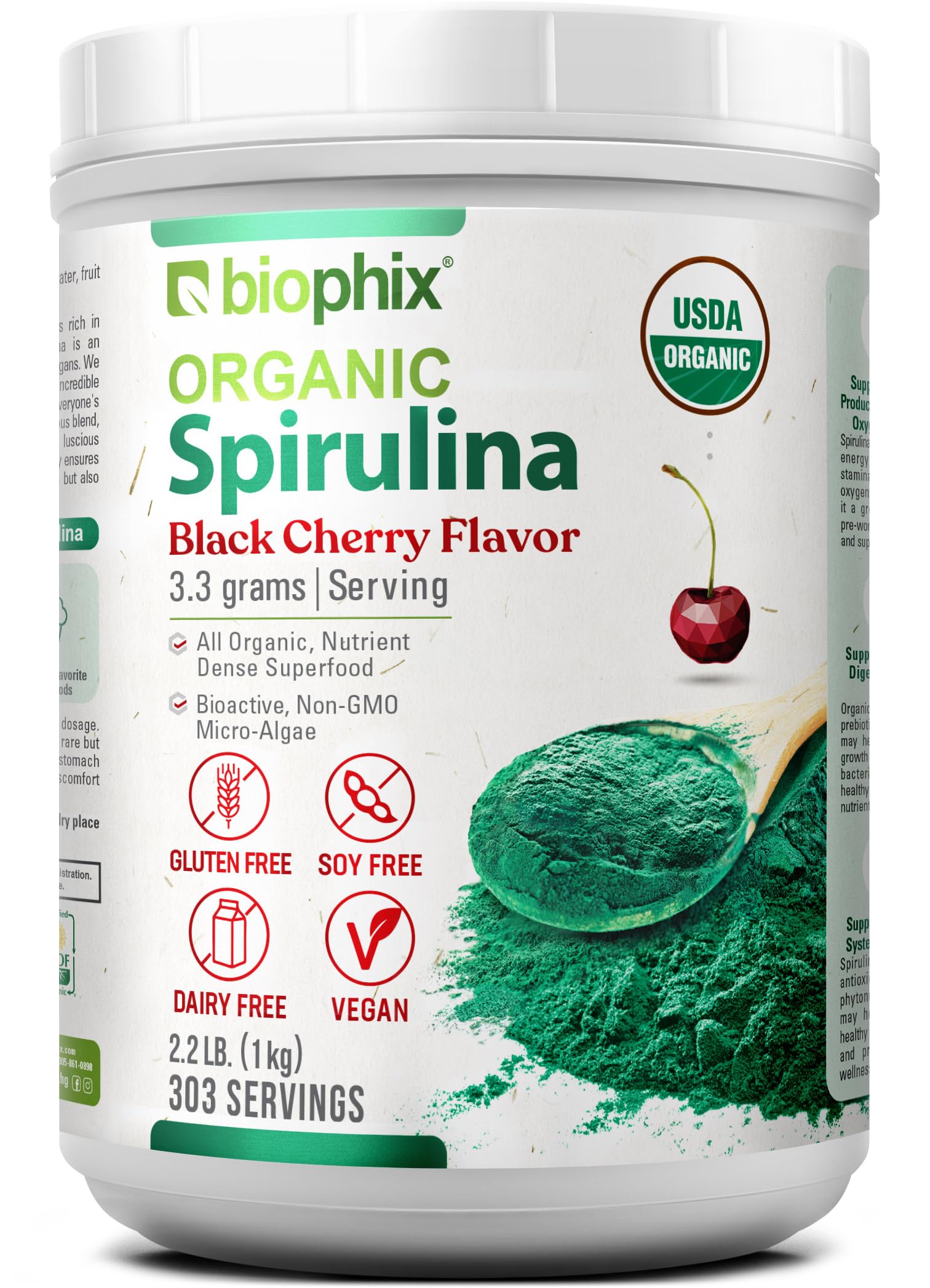 Biophix Organic Cherry Spirulina Powder bottle showcases pure flavor for daily smoothies