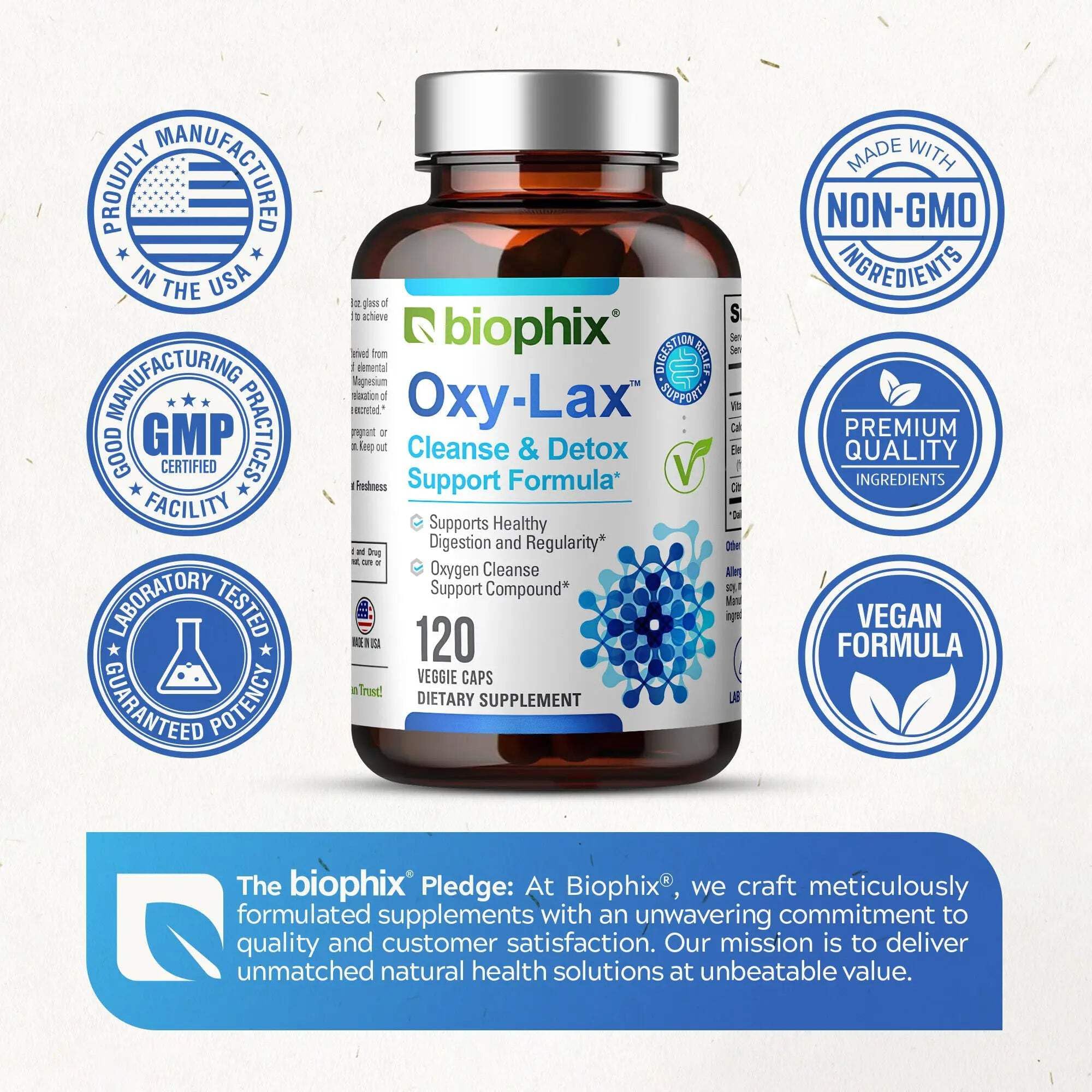 Biophix Oxy-Lax recommended bedtime dosage cue graphic.