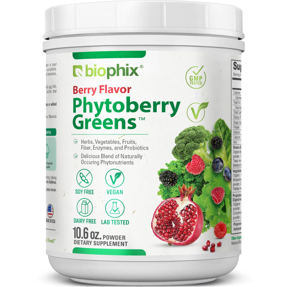 Biophix Phytoberry Greens bottle pour for daily nutrition with berry flavor