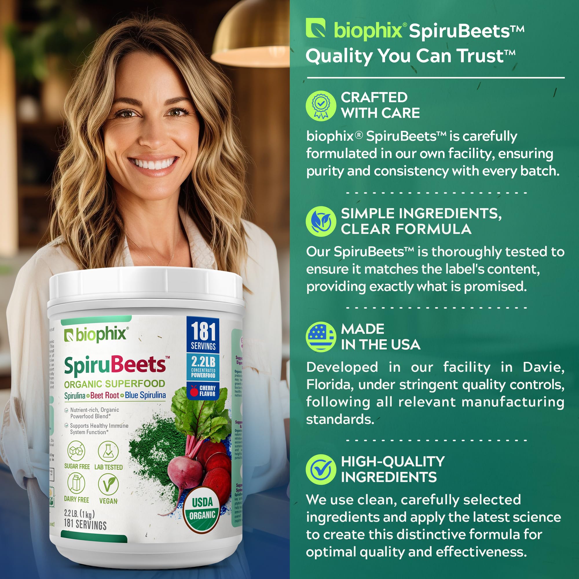 Biophix SpiruBeets spoon measure conveys portion control and convenience.