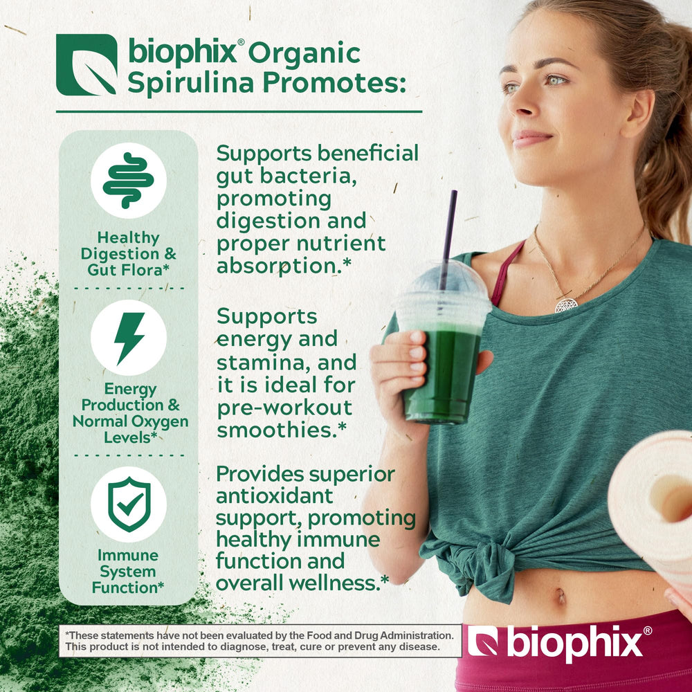 Biophix Spirulina Powder dispensing from jar for an easy daily superfood boost.