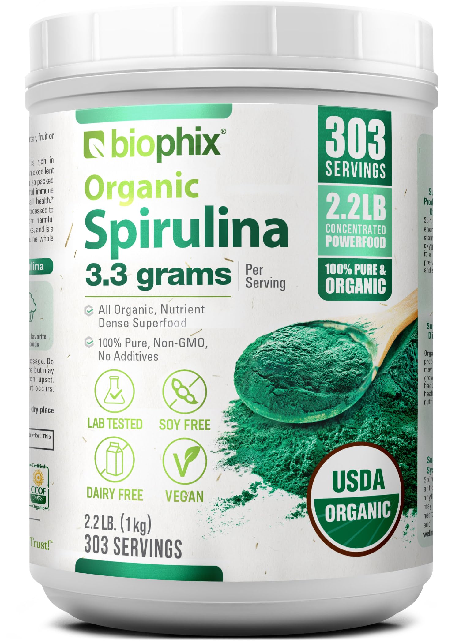 Biophix Spirulina Powder jar label close-up highlighting organic, non-GMO ingredients for protein enrichment.