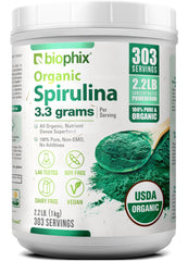 Biophix Spirulina Powder jar label close-up highlighting organic, non-GMO ingredients for protein enrichment.