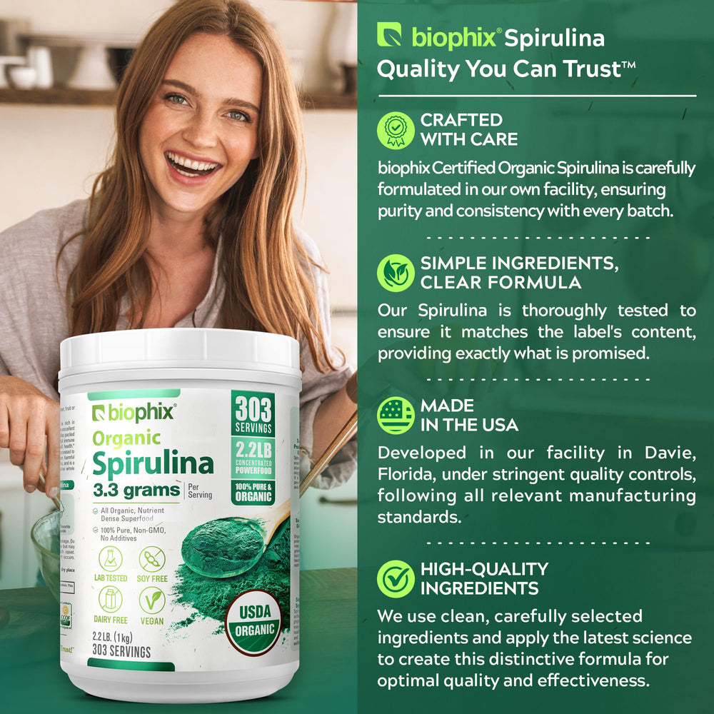 Biophix Spirulina Powder organic certifications visible, ensuring trusted purity.