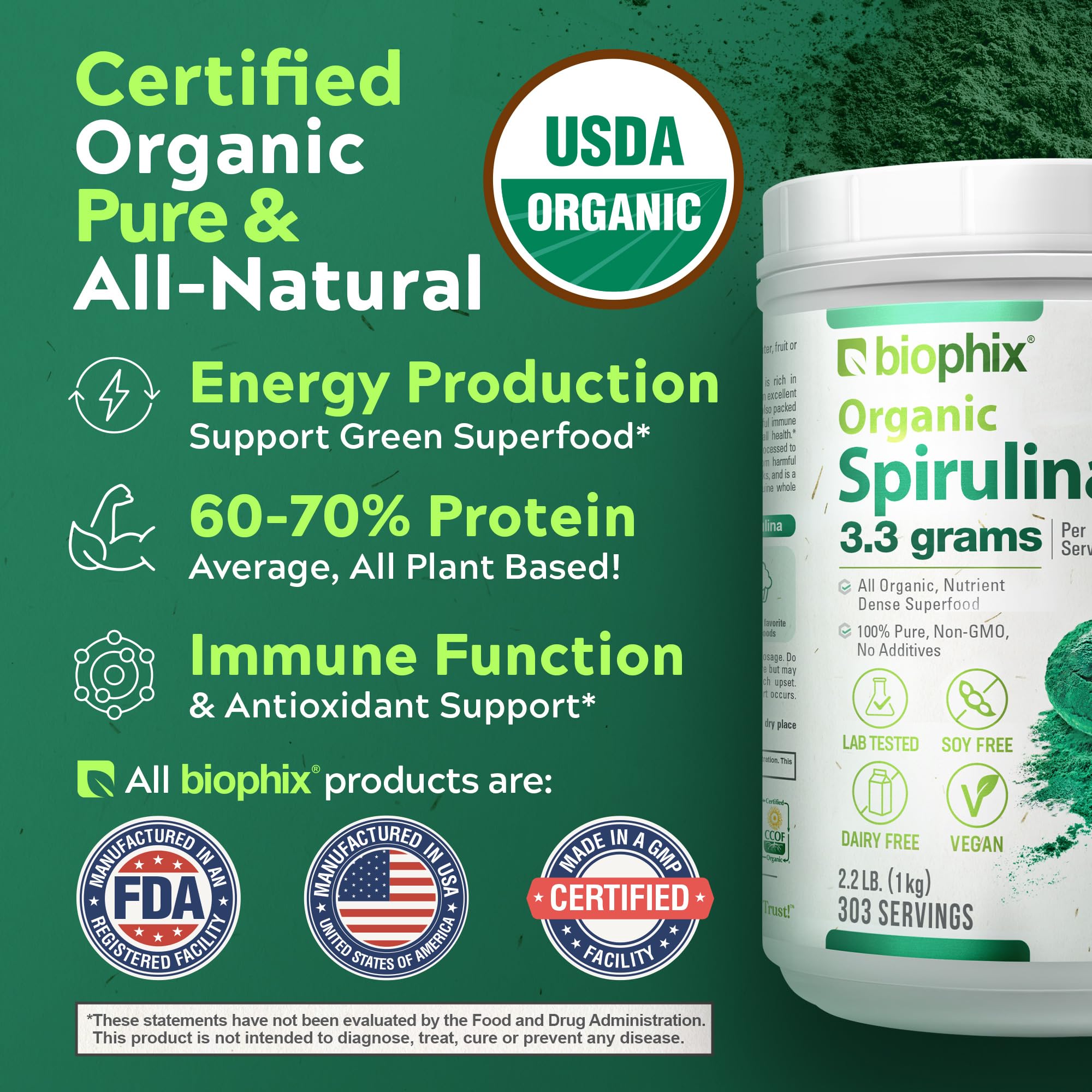 Biophix Spirulina Powder fine texture sprinkled from scoop for daily greens.