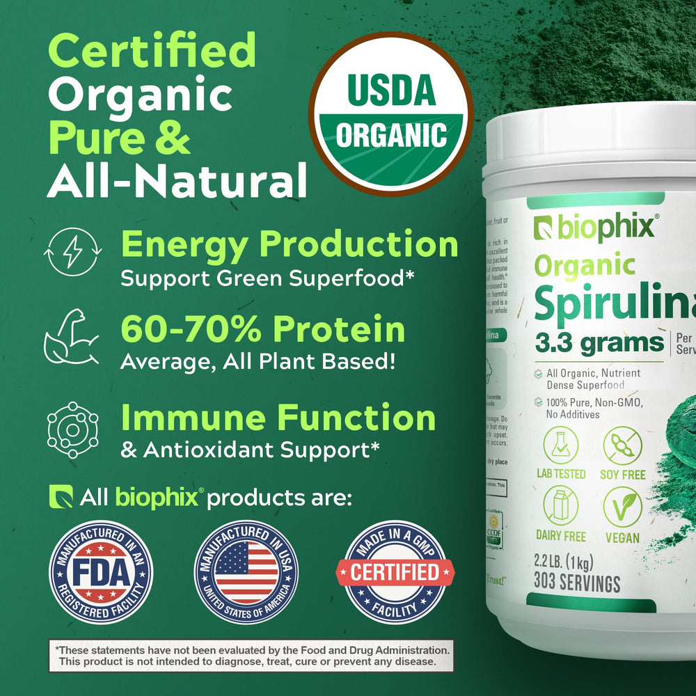 Biophix Spirulina Powder fine texture sprinkled from scoop for daily greens.