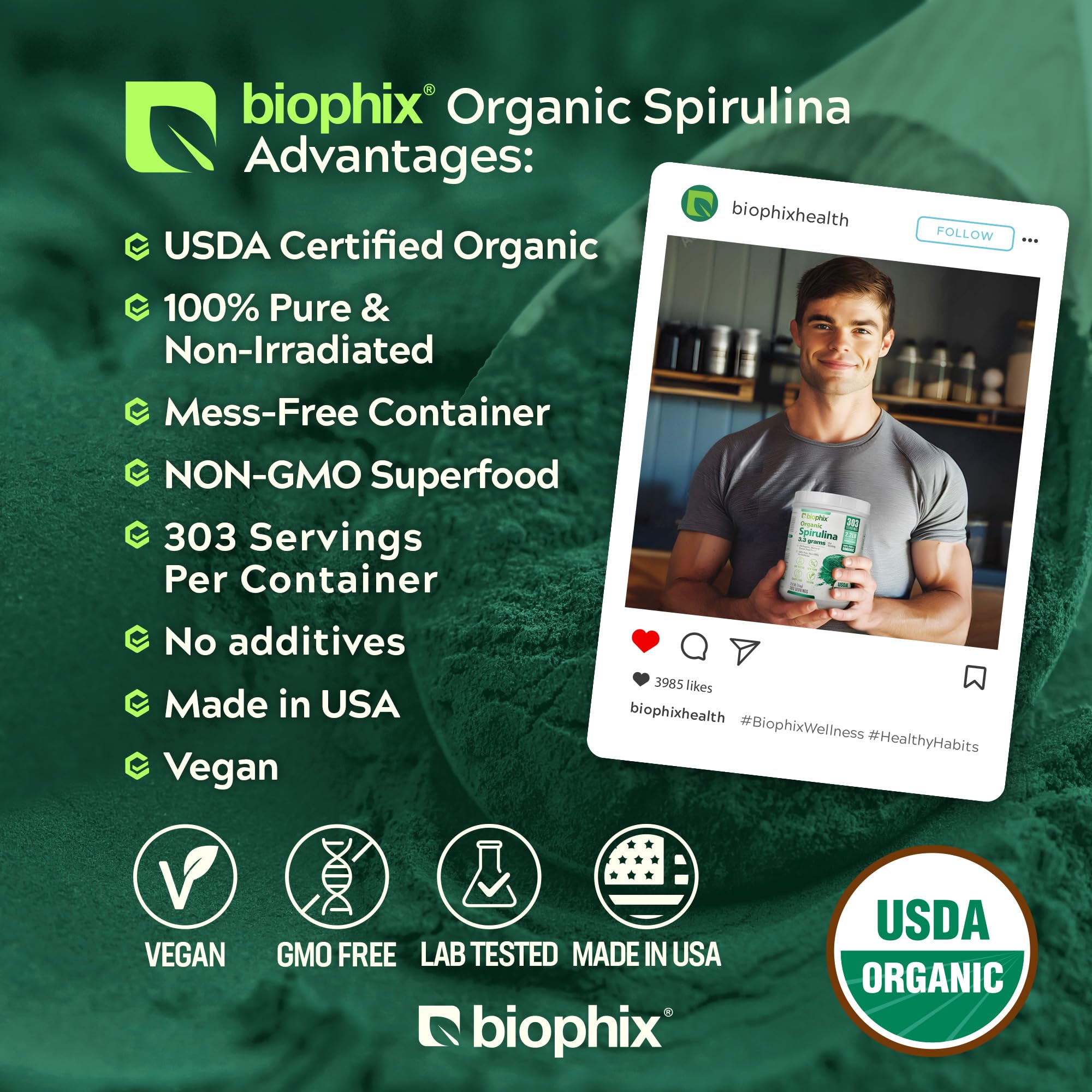 Biophix Spirulina Powder blended into smoothie for a protein and nutrient kick.