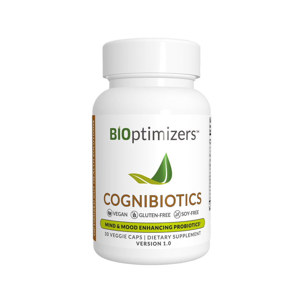 BIOptimizers Cognibiotics bottle front highlighting mood support and clarity benefits