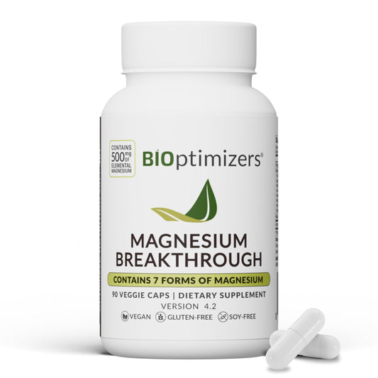BIOptimizers Magnesium Breakthrough bottle pour showing easy daily dosing for restful sleep.