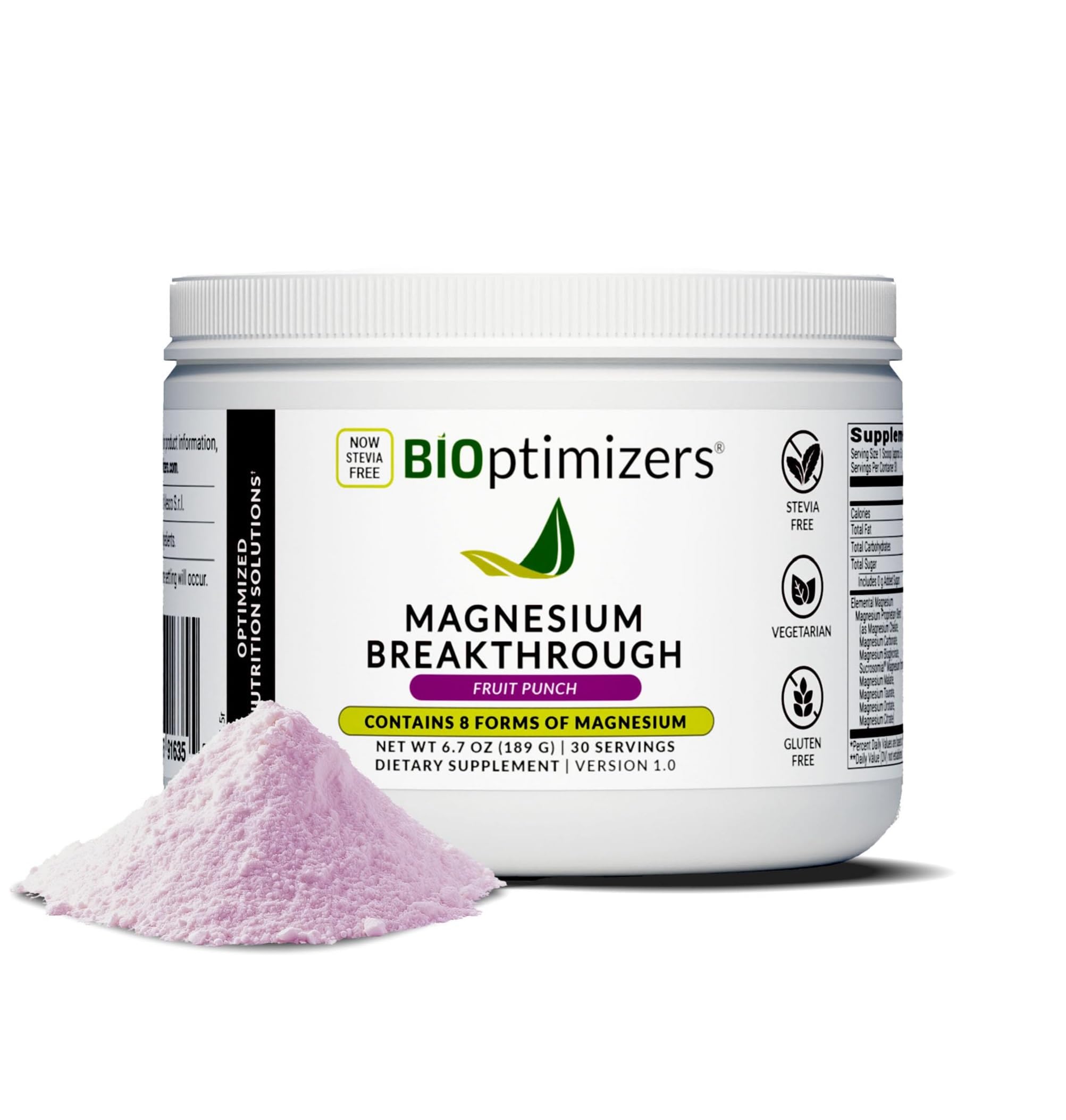 BIOptimizers Magnesium Breakthrough Drink bottle closeup showing eight forms for full-body support.