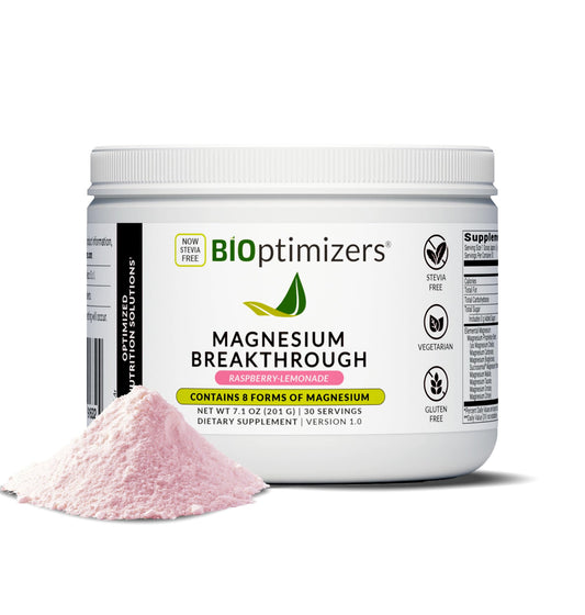 BiOptimizers Magnesium Breakthrough bottle in Raspberry Lemon flavor for restful nights