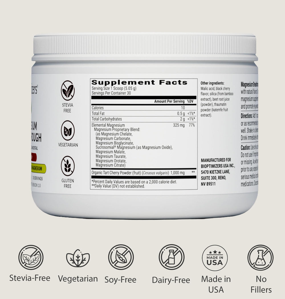 BiOptimizers Magnesium Breakthrough powder with scoop ready for everyday use.