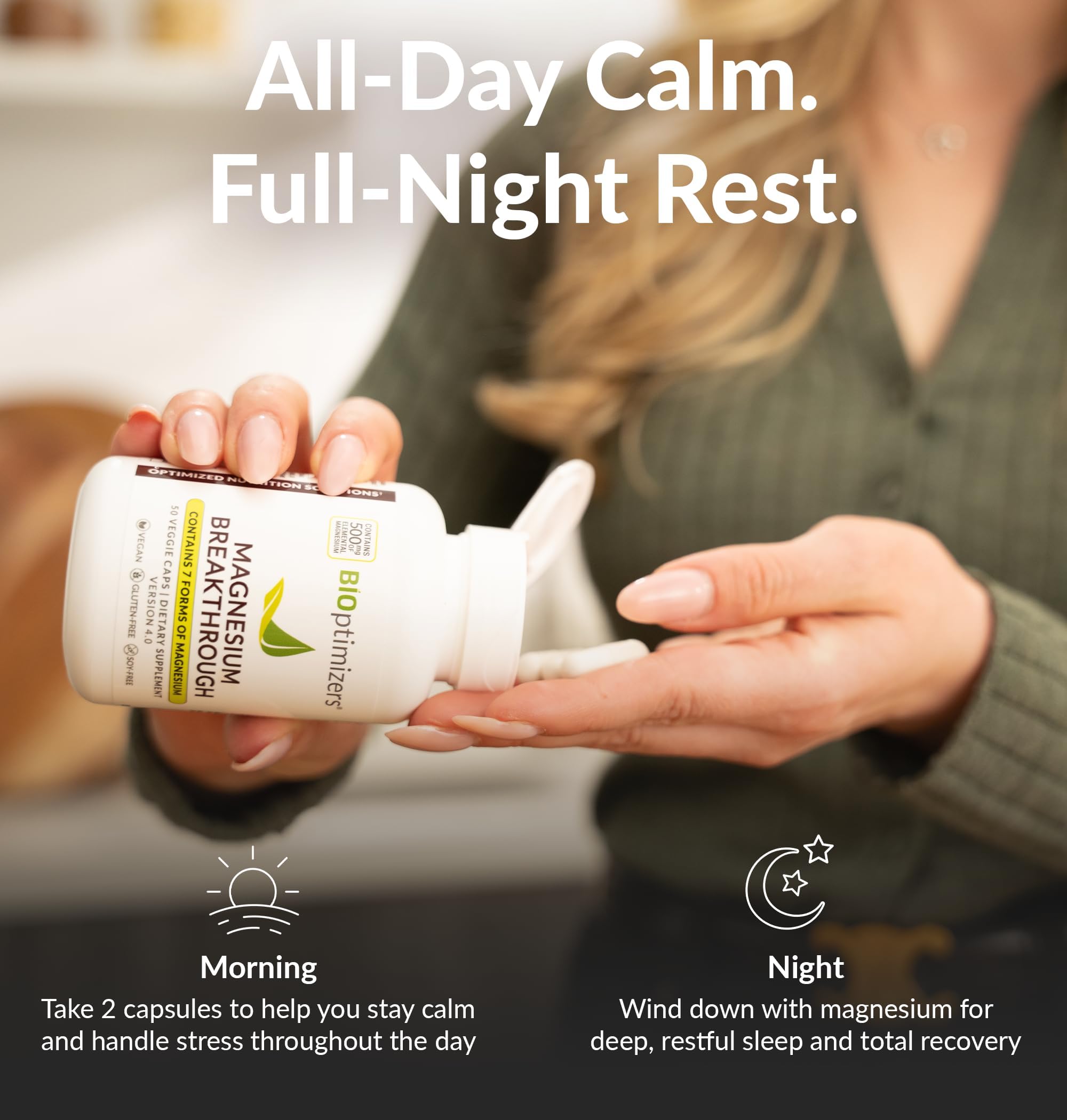 BIOptimizers Magnesium Breakthrough sleep scene evokes a calm nighttime routine.