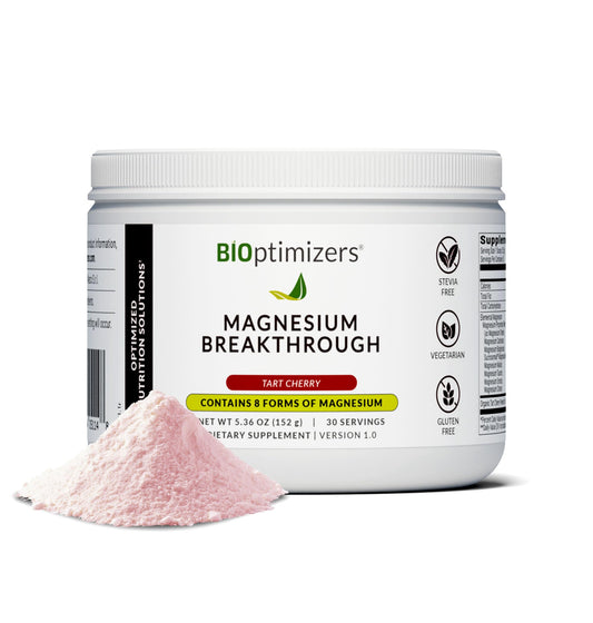 BiOptimizers Magnesium Breakthrough tub label showing eight forms for comprehensive mineral support.