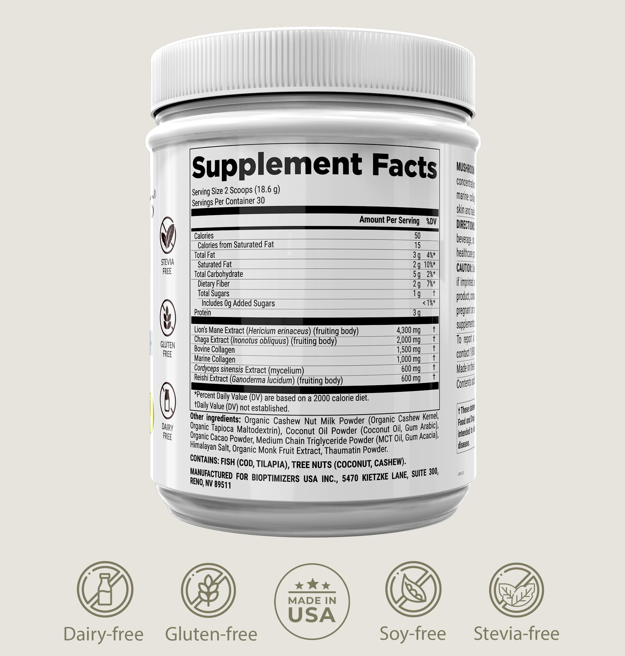 BIOptimizers Mushroom Coffee Alternative 30 servings packaging highlights convenient daily ritual