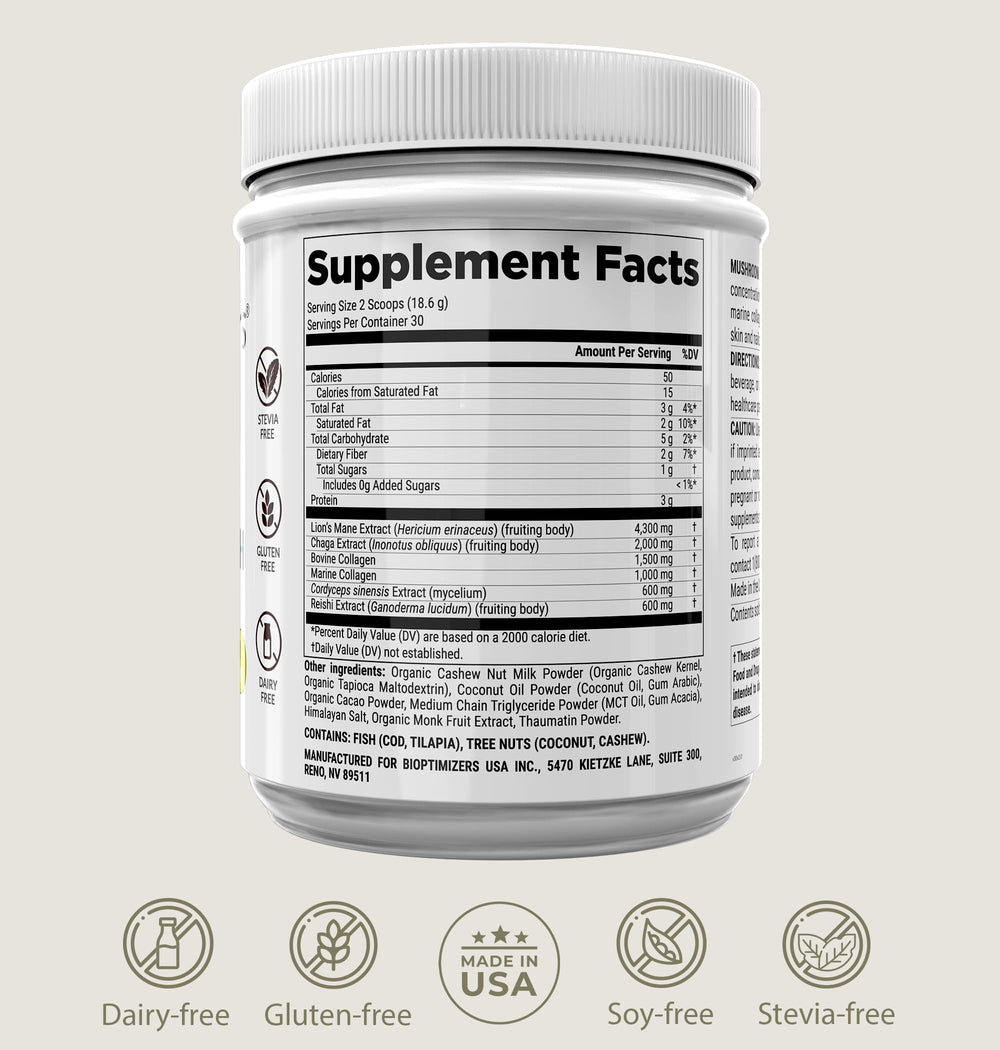 BIOptimizers Mushroom Coffee Alternative 30 servings packaging highlights convenient daily ritual