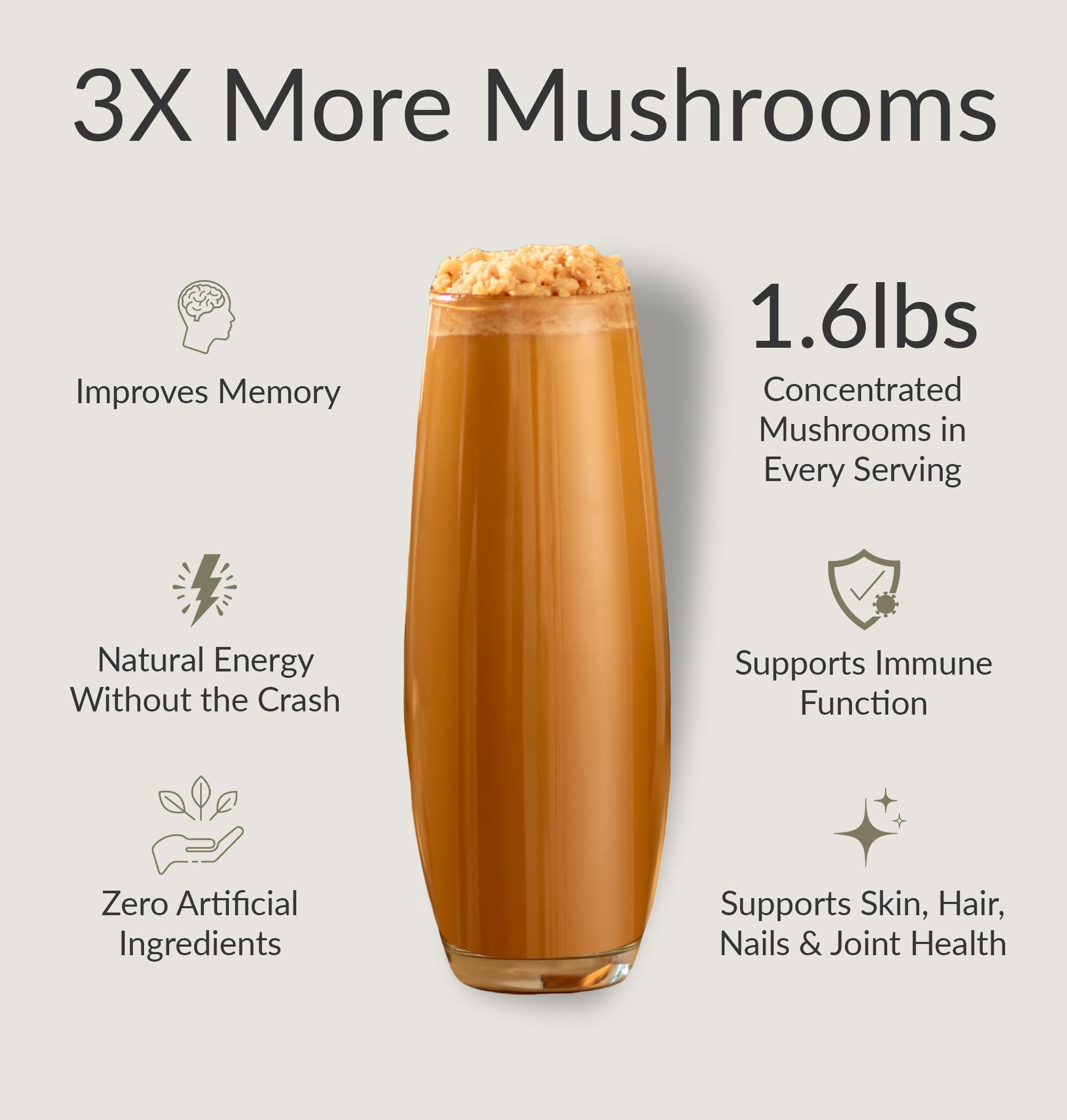 Ingredients image showing lion's mane, chaga, and reishi for cognitive support