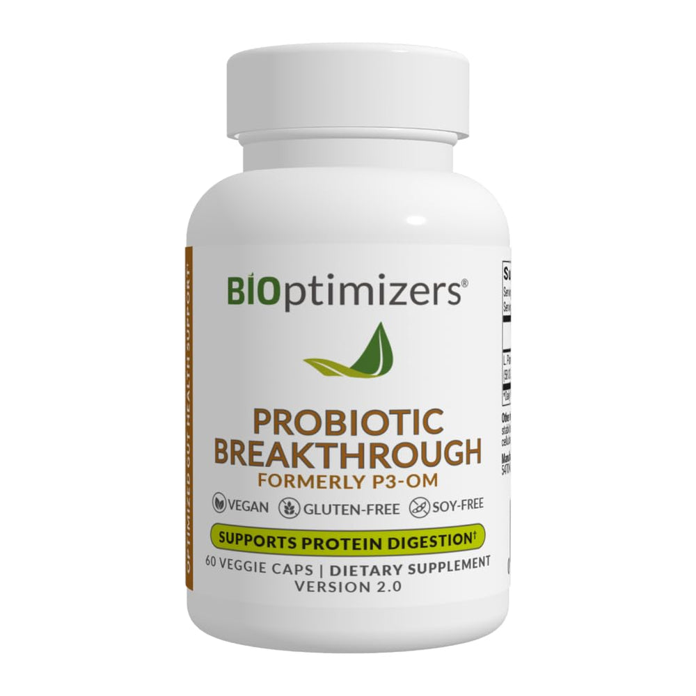 BIOptimizers Probiotic Breakthrough bottle showcases vegan capsules for digestive support
