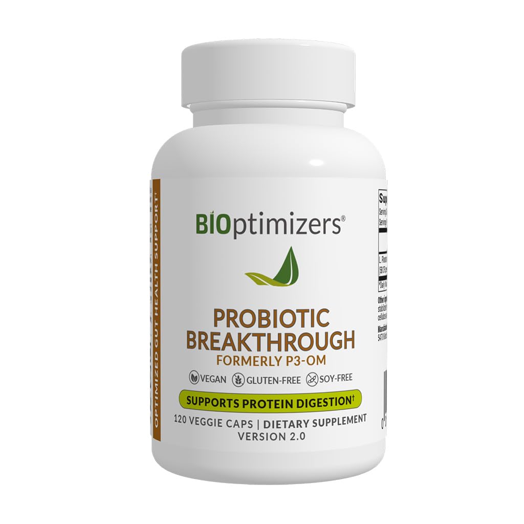 BIOptimizers Probiotic Breakthrough bottle with Lactobacillus Plantarum OM for gut balance.