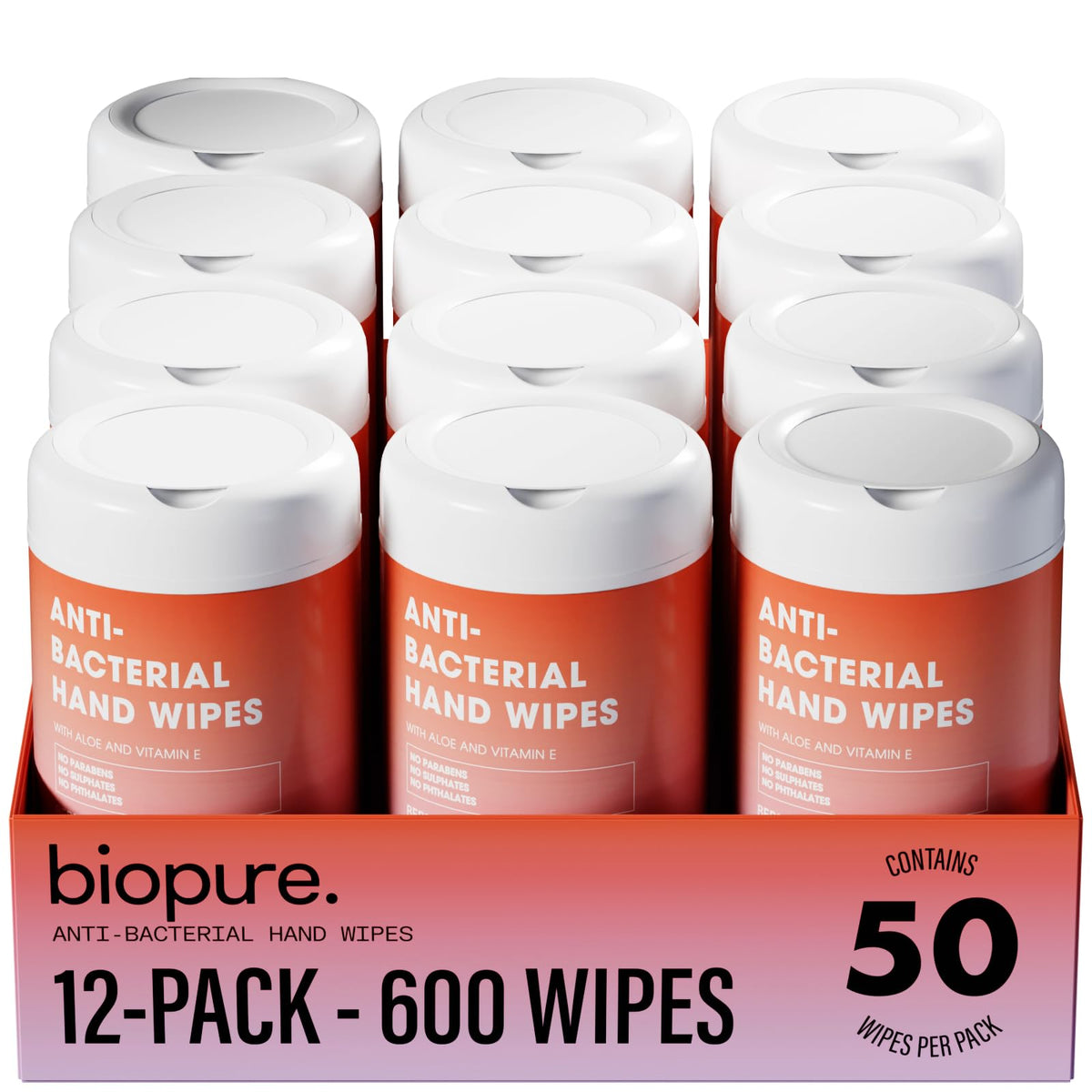 BIOPURE 50-count antibacterial hand wipes canister ready for on-the-go sanitizing.