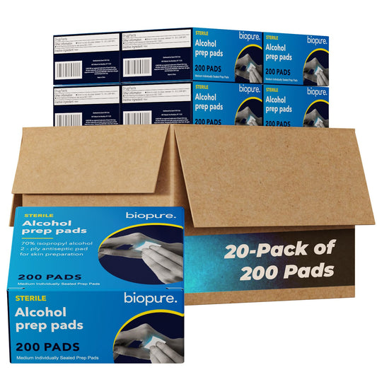 BIOPURE alcohol prep pads in 2x2 inch packaging, sterile and ready for use