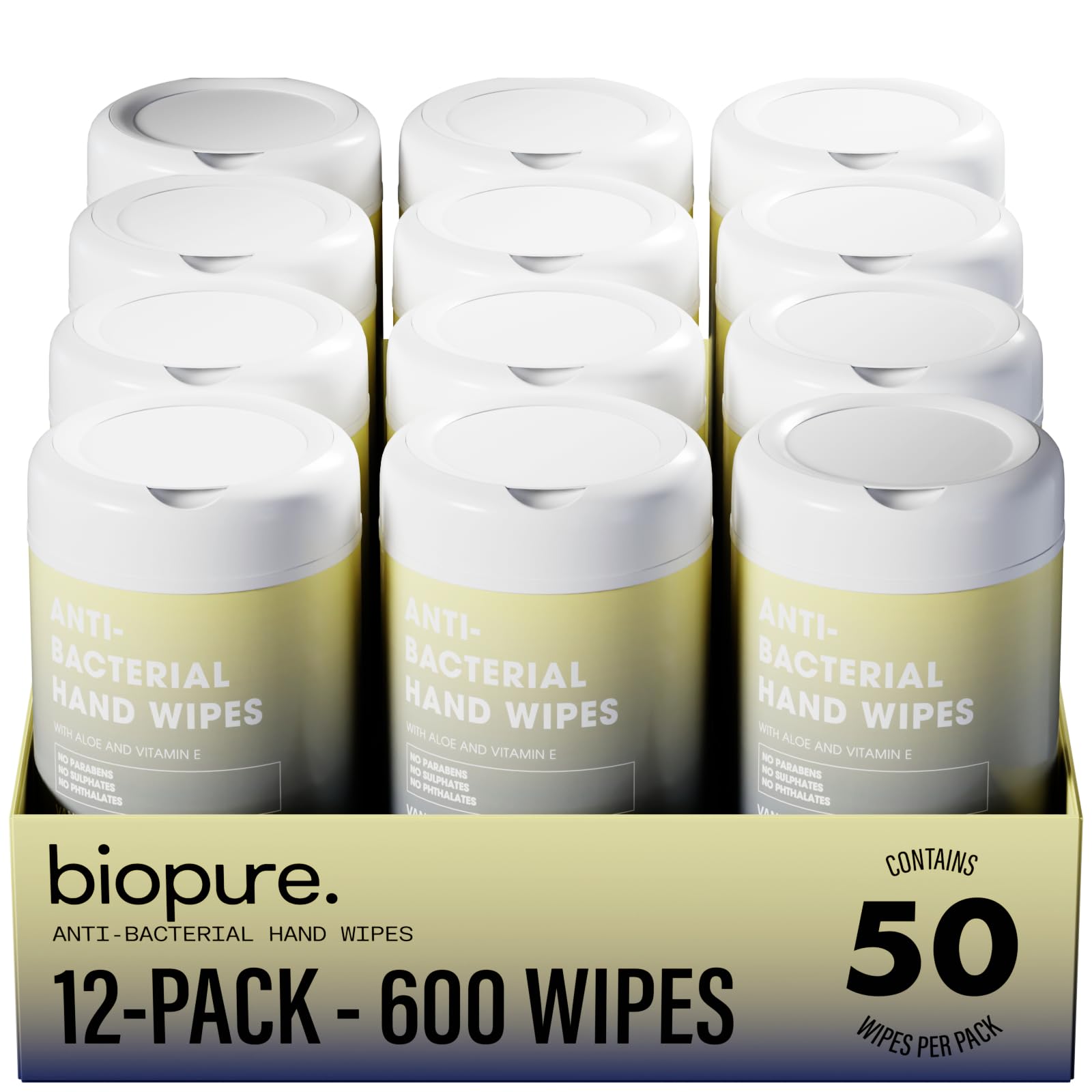 BIOPURE antibacterial hand wipes canister with vanilla scent for on-the-go cleaning