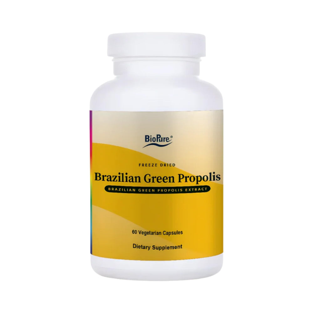 BioPure Brazilian Green Propolis bottle displaying a freeze-dried extract rich in Artepillin-C for immune and respiratory support.